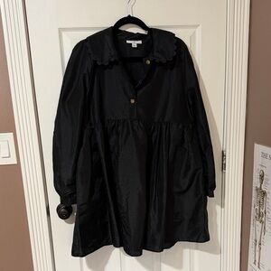 Women's Black Long Sleeve Babydoll Dress with Scalloped Collar